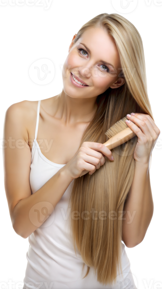 Young woman smiling and brushing her long, straight blonde hair png