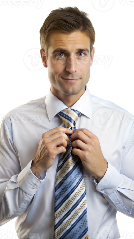 Man adjusting tie in striped shirt, getting ready for the day png