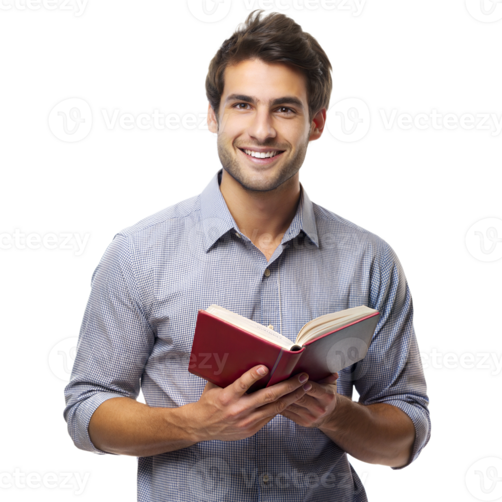 Smiling man holding a book, looking friendly and approachable png