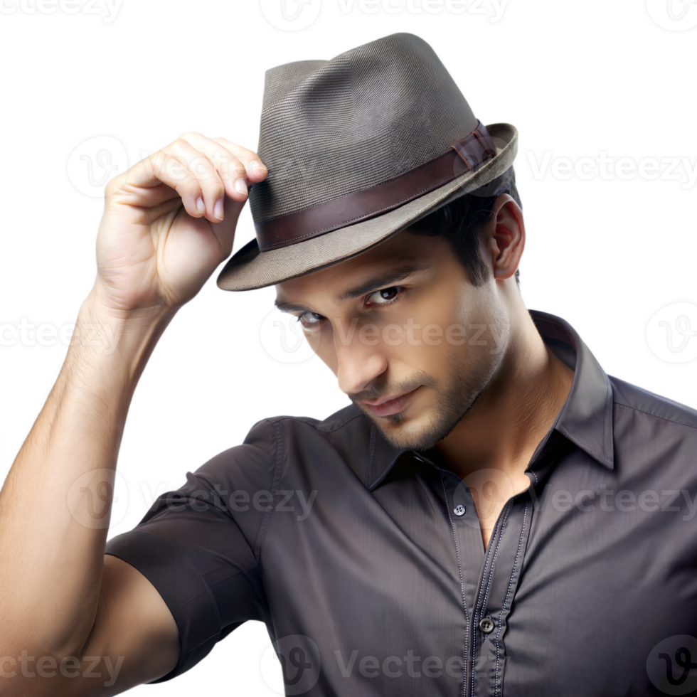 Man in a hat tipping it slightly with a friendly smile png