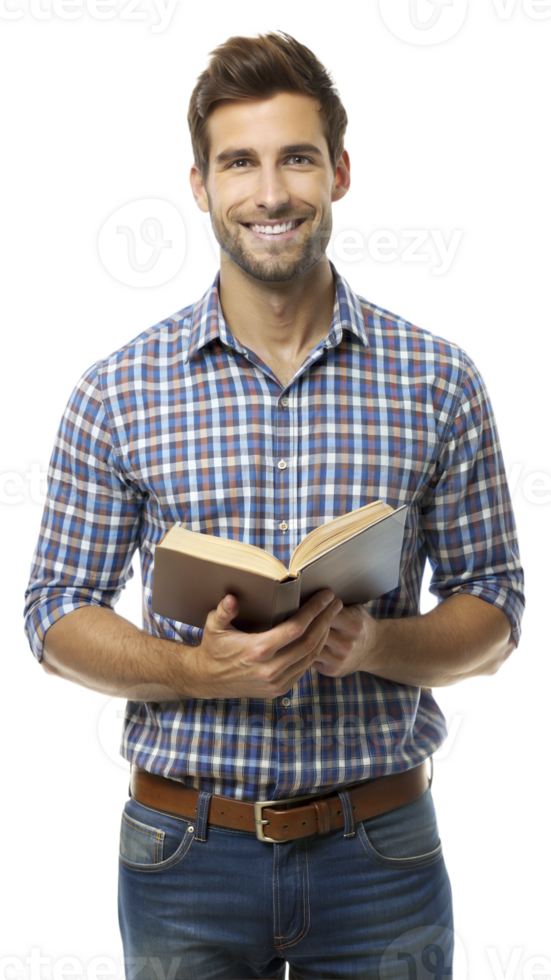 Young man holding a book, smiling warmly and standing casually png
