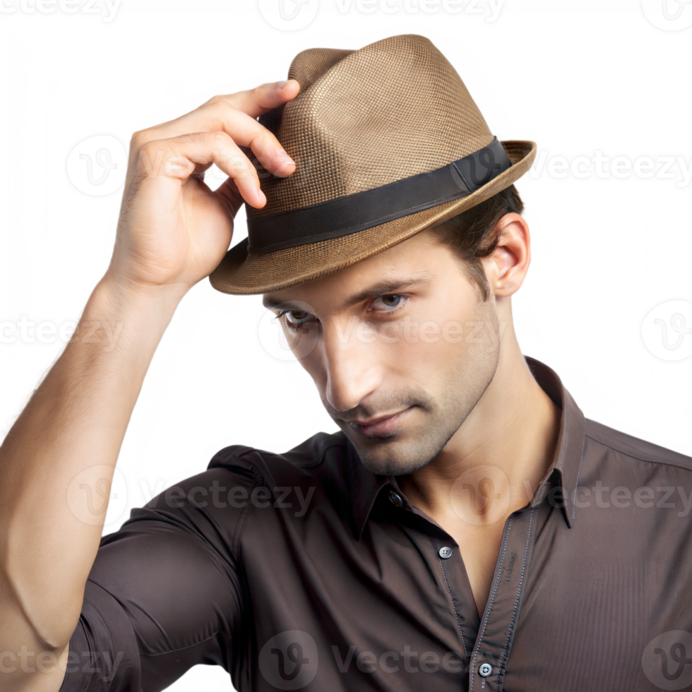 Young man tipping his hat, showing respect with a smile png