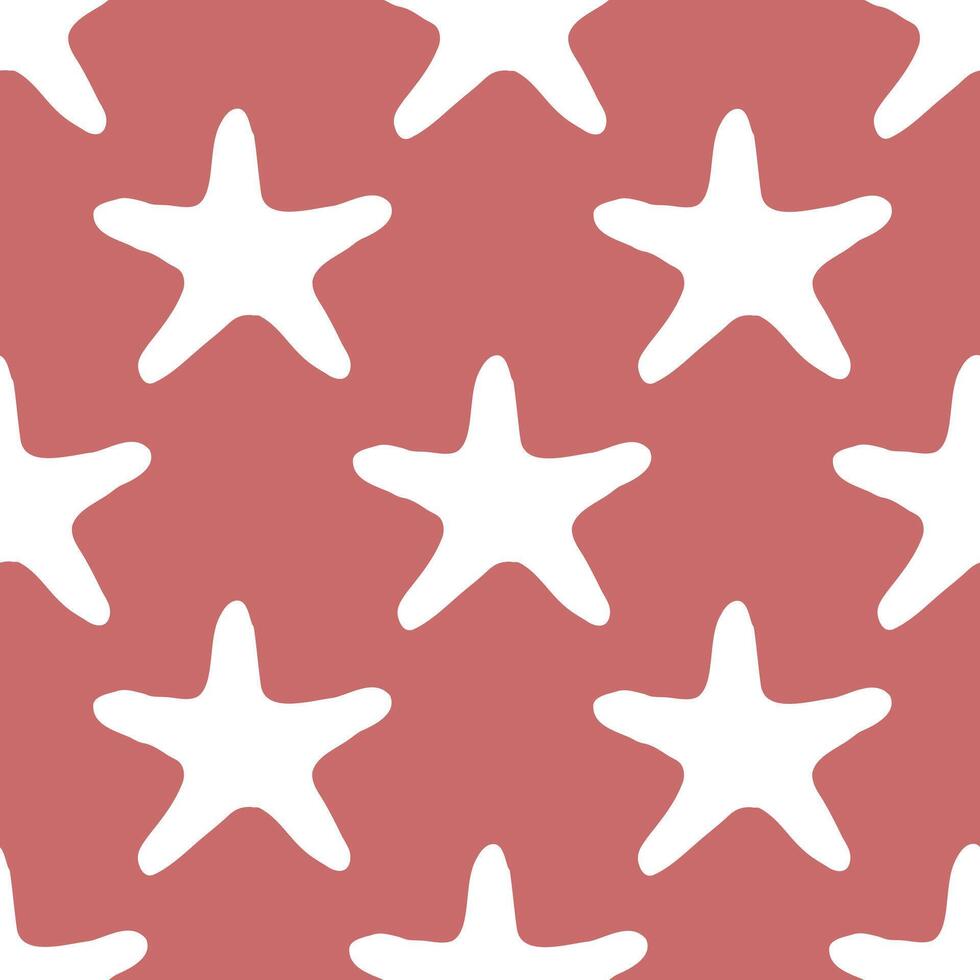 Seashells seamless pattern with starfish silhouette illustration in white color on pink background. Sea star sketch, sea drawing. Summer ocean beach seaside print for background, textile, fabric vector