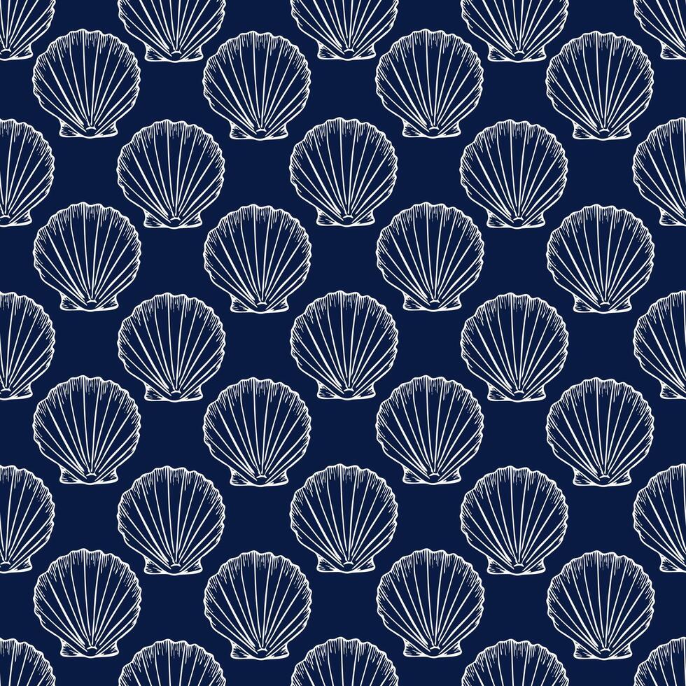 Underwater seamless pattern with seashells line art illustration in white color on dark blue background. Scallop sketch, seashell line drawing. Summer beach ocean print for background, textile, fabric vector