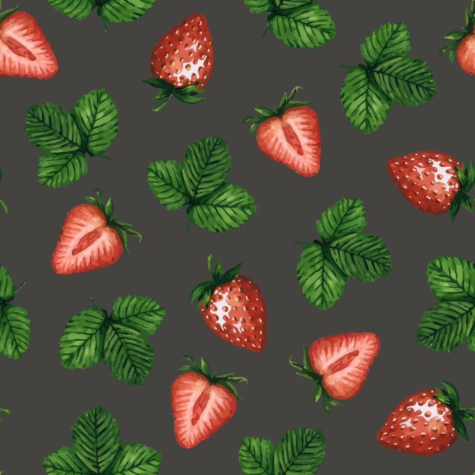 Seamless pattern with fresh and juicy strawberries and green leaves isolated on white background, hand drawn watercolor illustration. Ideal for background, fabric and textile, postcard, packaging. vector