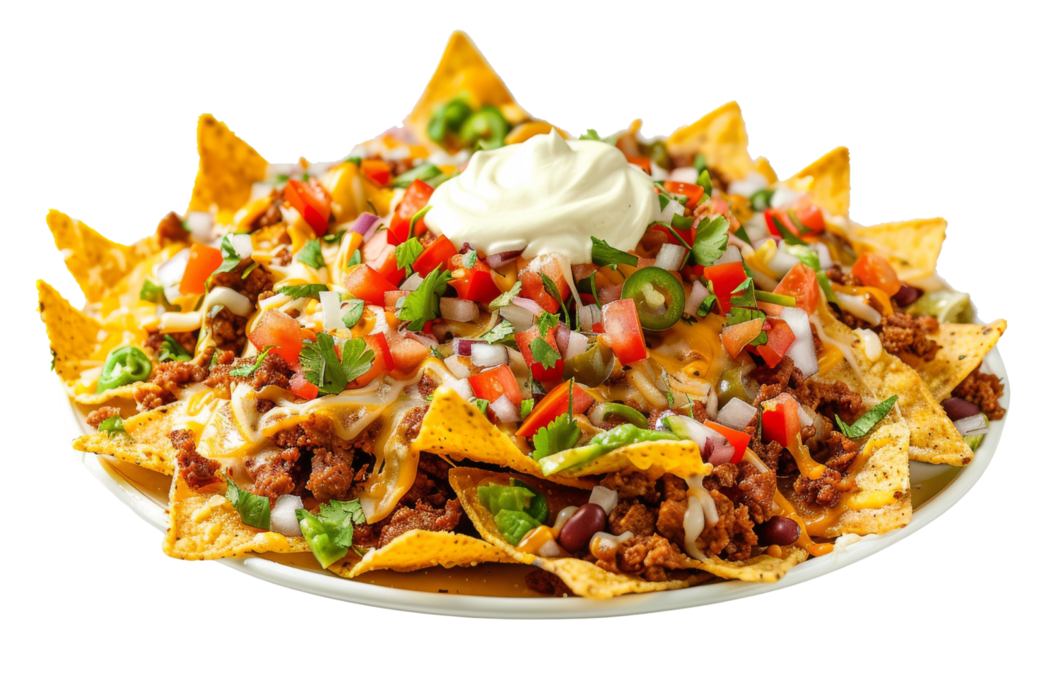 Delicious Nachos with Ground Beef, Cheese, Sour Cream, Tomatoes, Onions and Jalapenos png