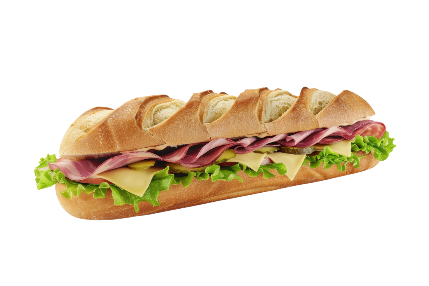 Delicious Sub Sandwich with Ham, Cheese and Lettuce png