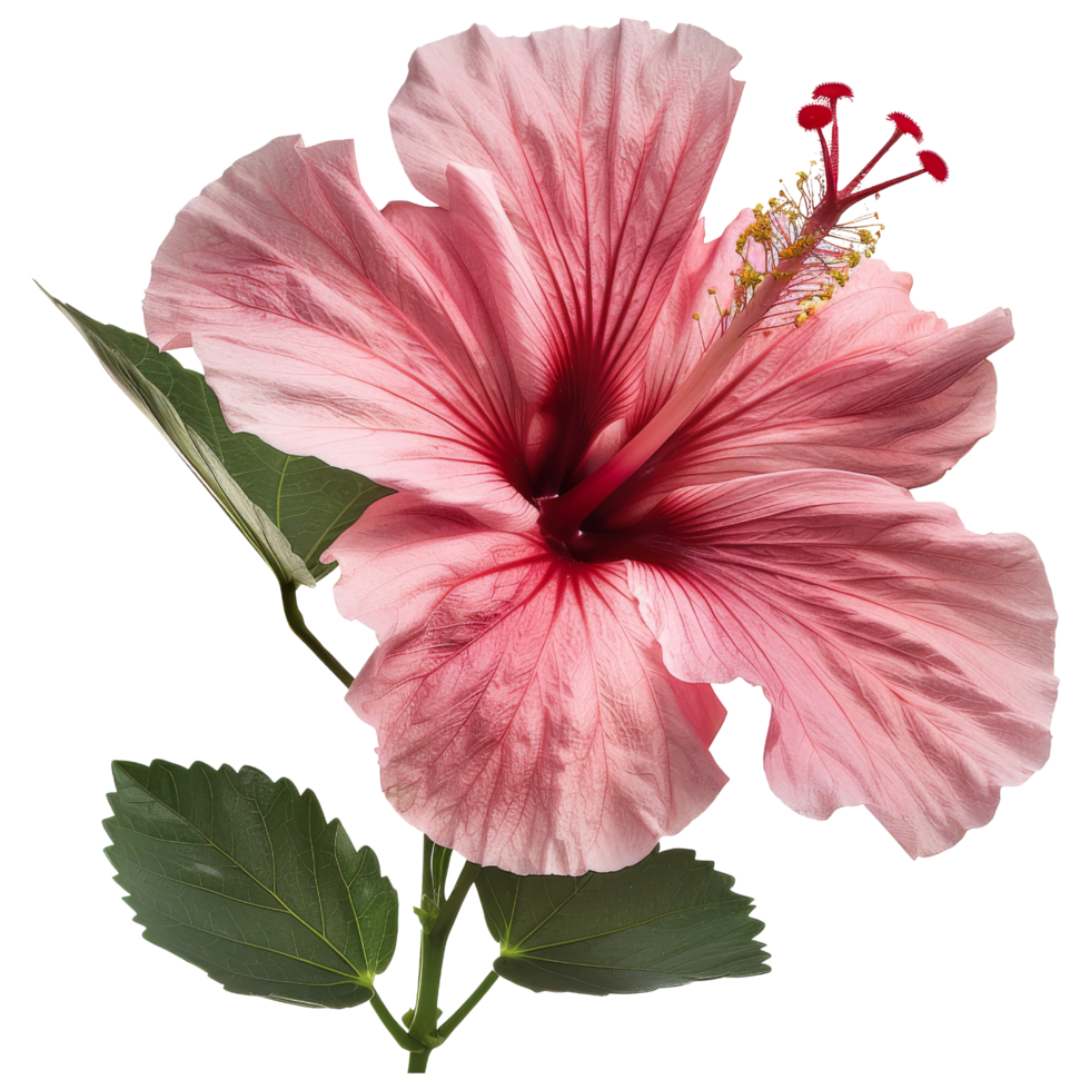 Pink Hibiscus Flower with Green Leaves png