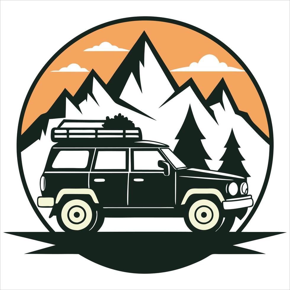 Adventure car with mountain and cloud. vector