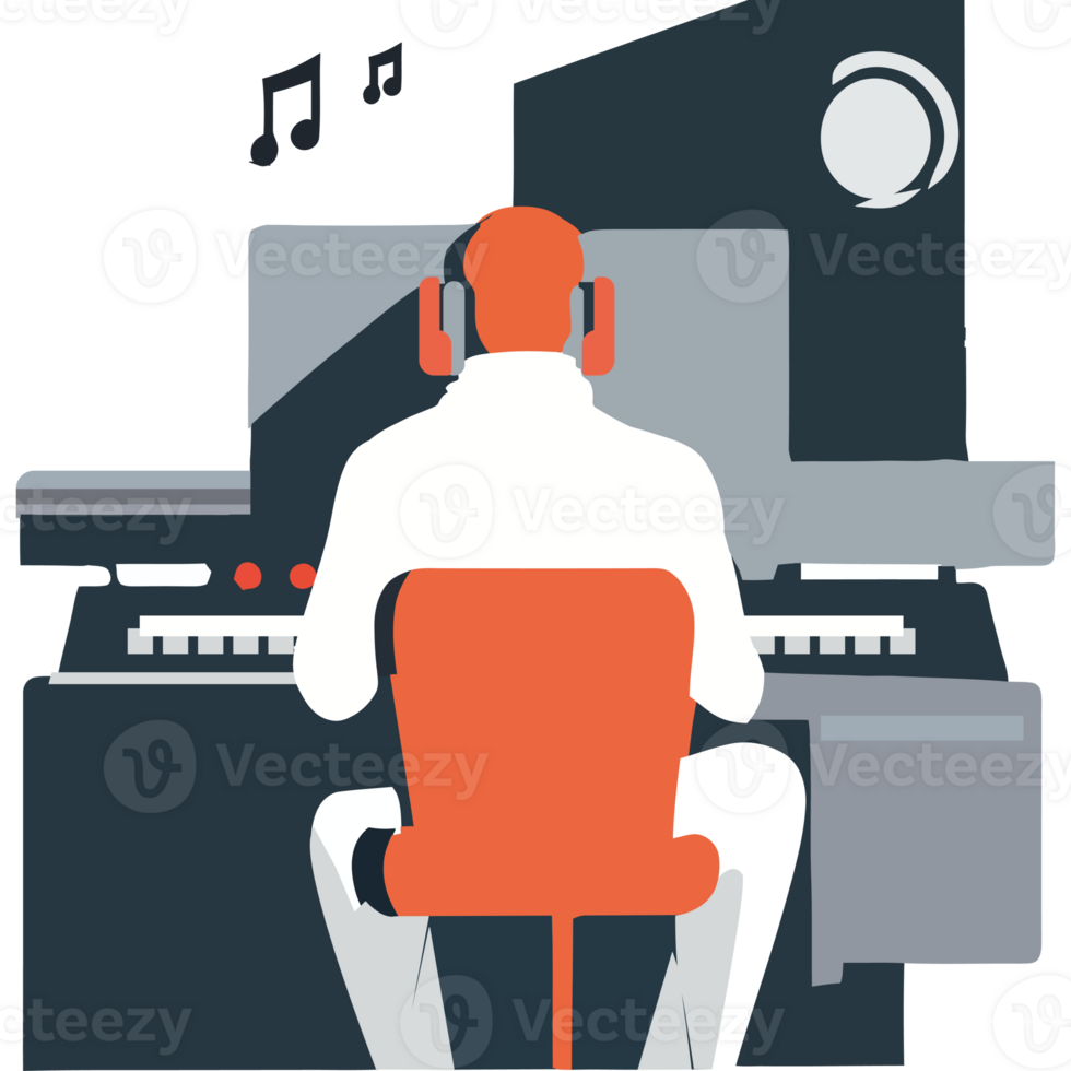 A man is sitting at a computer with headphones on png