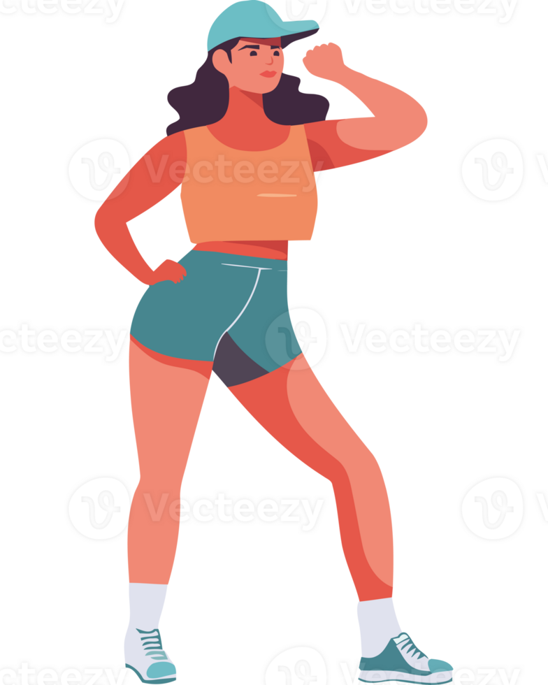 A woman in shorts and a cap is flexing her muscles png