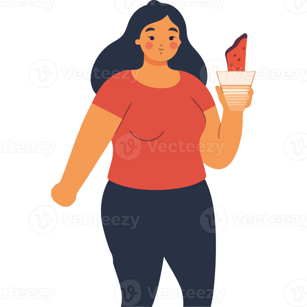 An illustration of a woman holding a cup of watermelon png