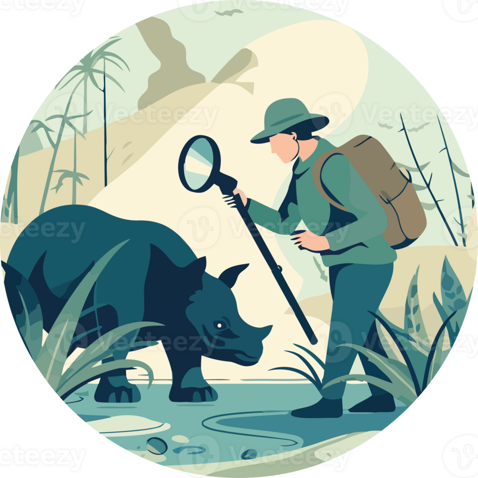 A man with a magnifying glass and a rhino png