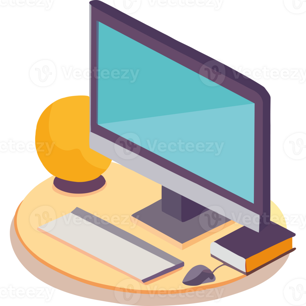 Computer desk with monitor, keyboard, mouse and lamp png