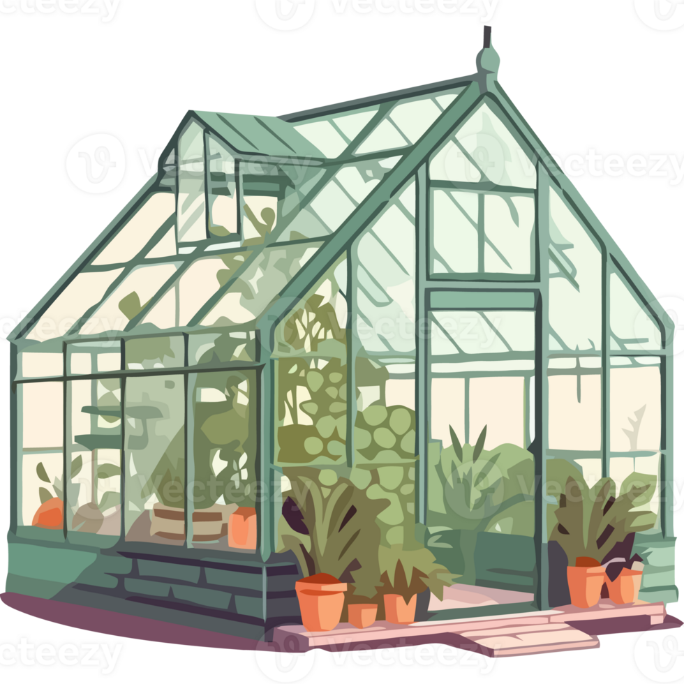 A green house with potted plants inside png
