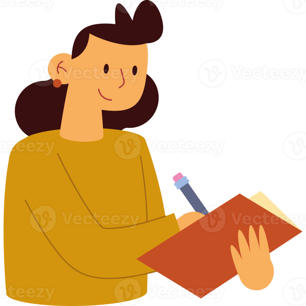 A woman holding a pen and writing in a notebook png