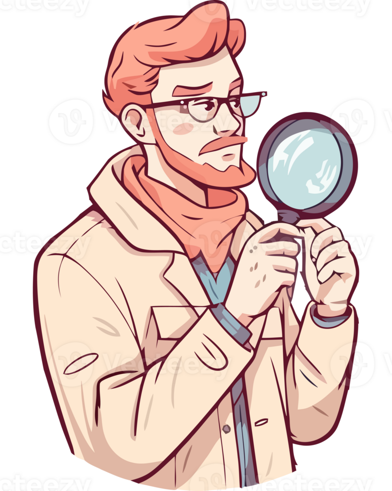 A man with glasses and a beard holding a magnifying glass png