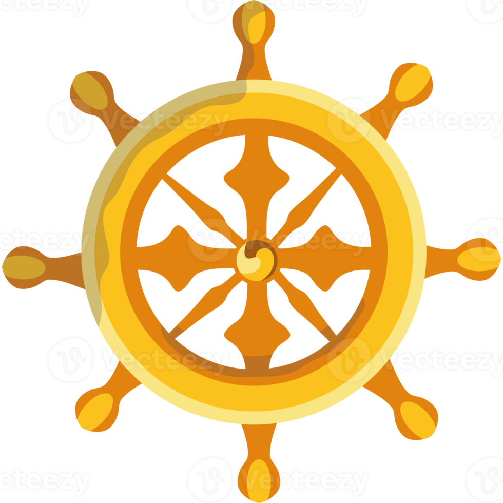 A golden ship wheel with a cross on it png