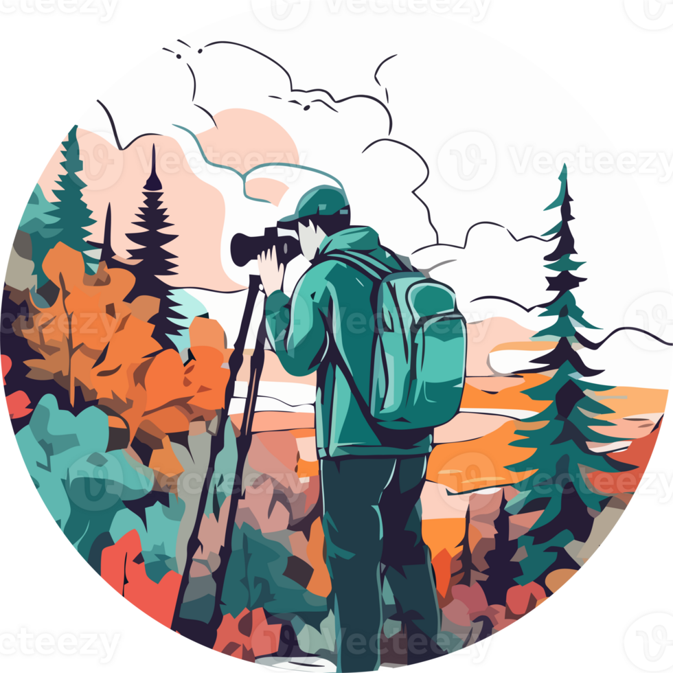 A man with a backpack is taking a picture of the forest png