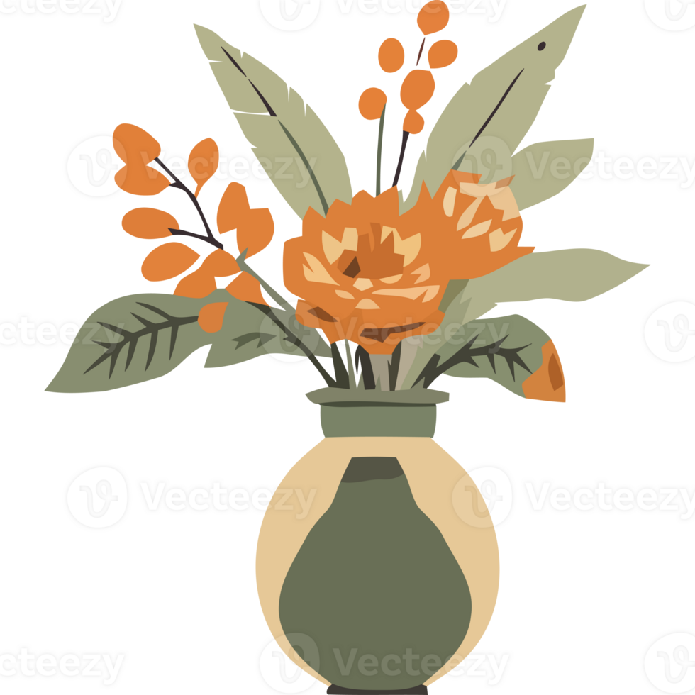 A vase with orange flowers and leaves png