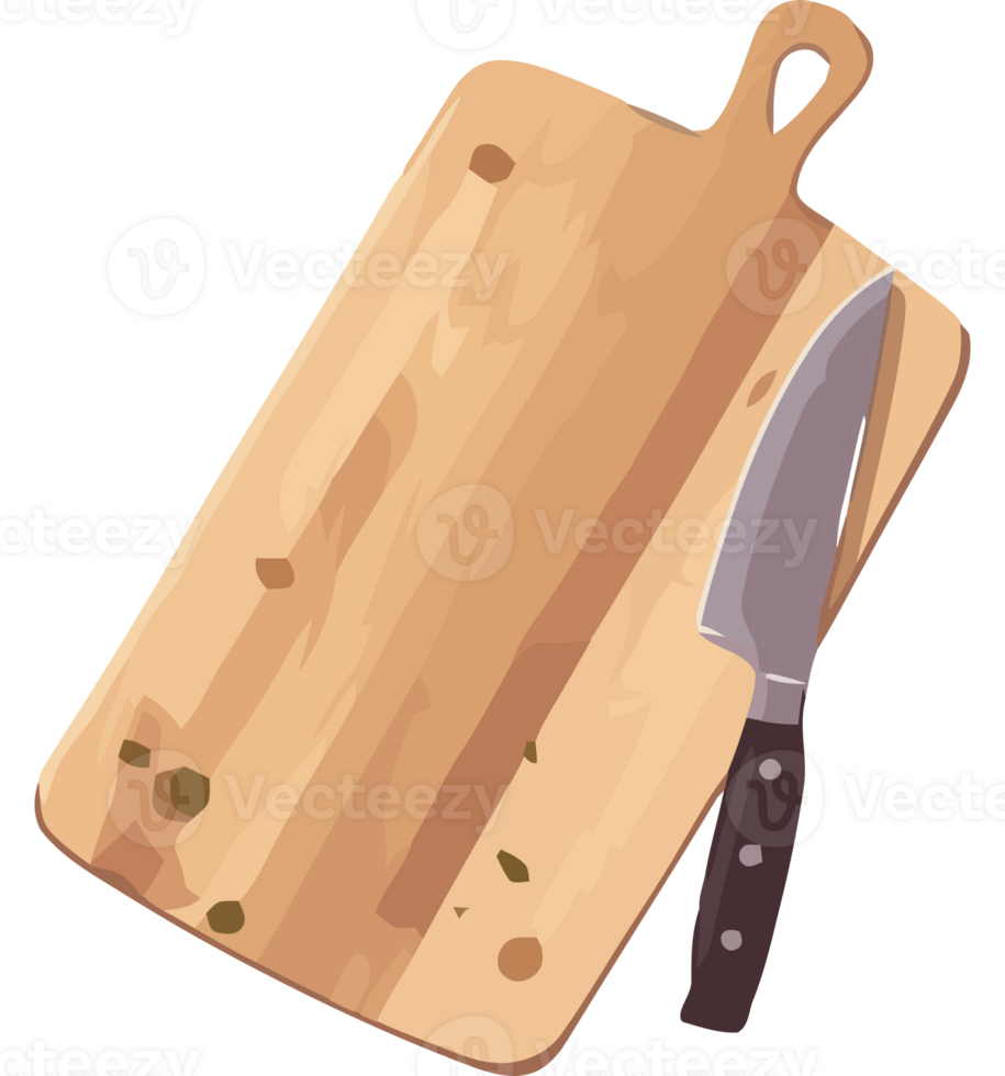 A cutting board with a knife and a knife png