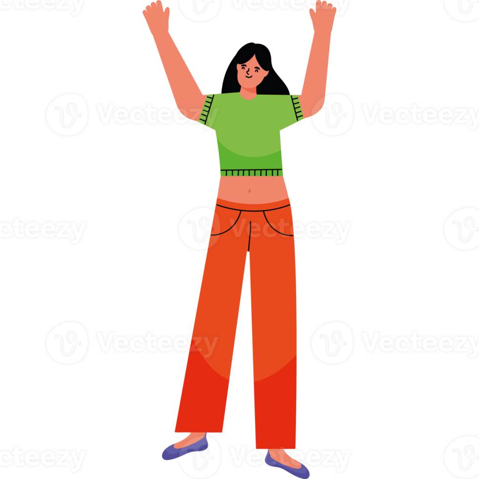A cartoon woman with her hands up in the air png