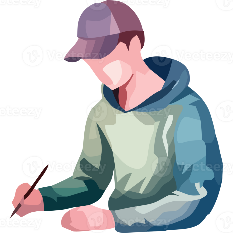 A man in a cap writing with a pen png