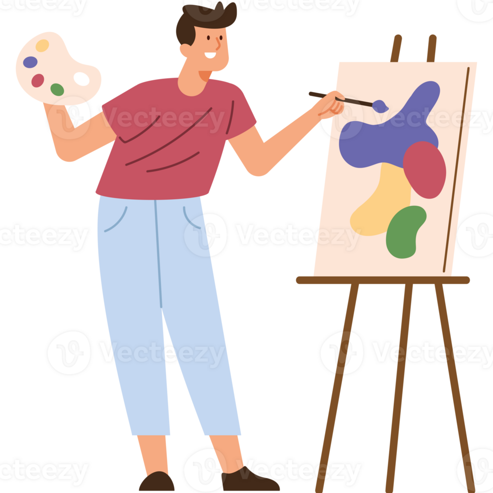 A man is holding a paintbrush and painting on a canvas png
