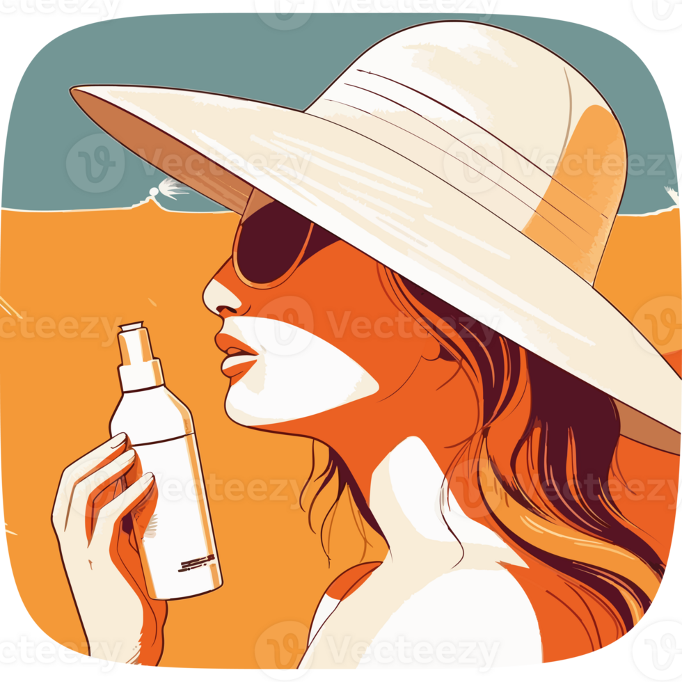 A woman in a hat and sunglasses holding a bottle of sunscreen png