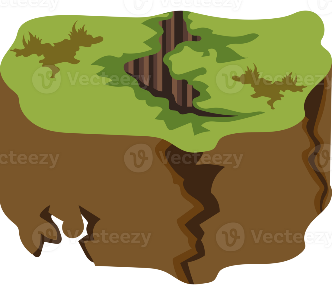 A cartoon illustration of a piece of land with a tree and a hole png