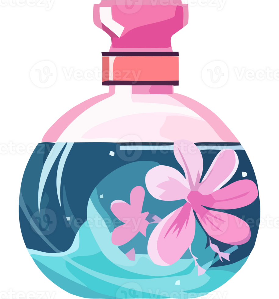 A bottle with pink flowers floating inside png