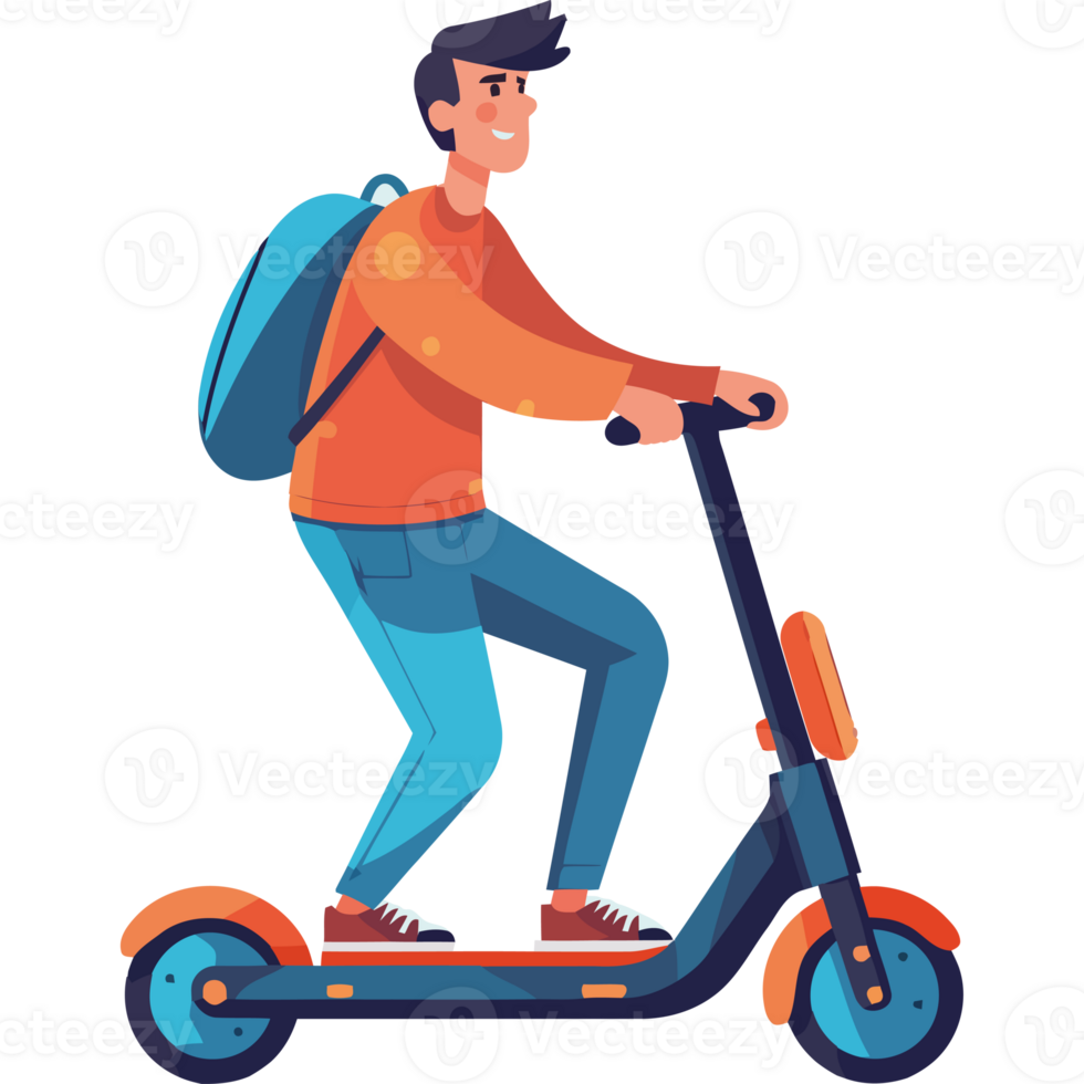 A man riding a scooter with a backpack png
