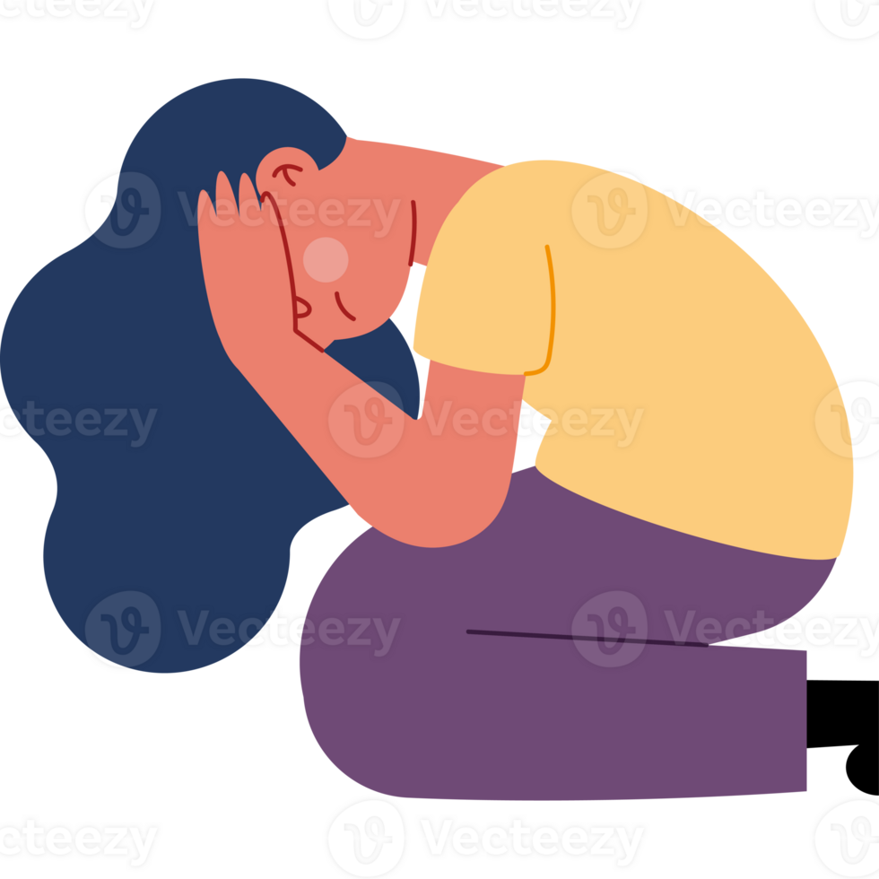 A woman is sitting on the floor with her head in her hands png
