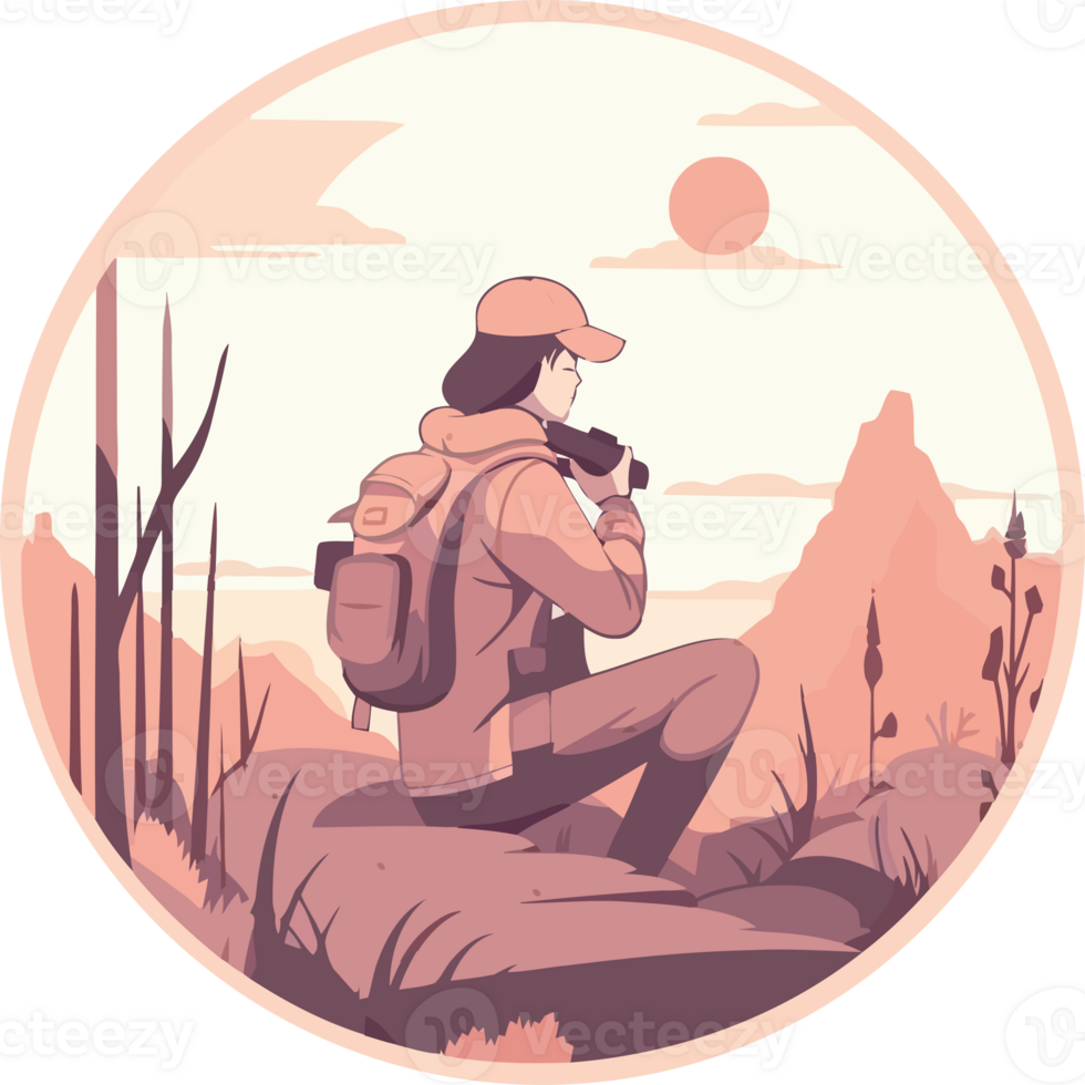 A woman with a backpack sitting on a rock in the desert png