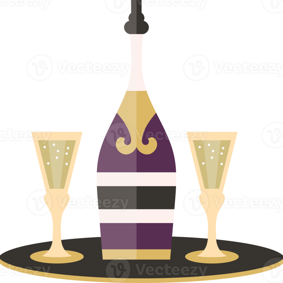 A bottle of champagne and two glasses on a tray png