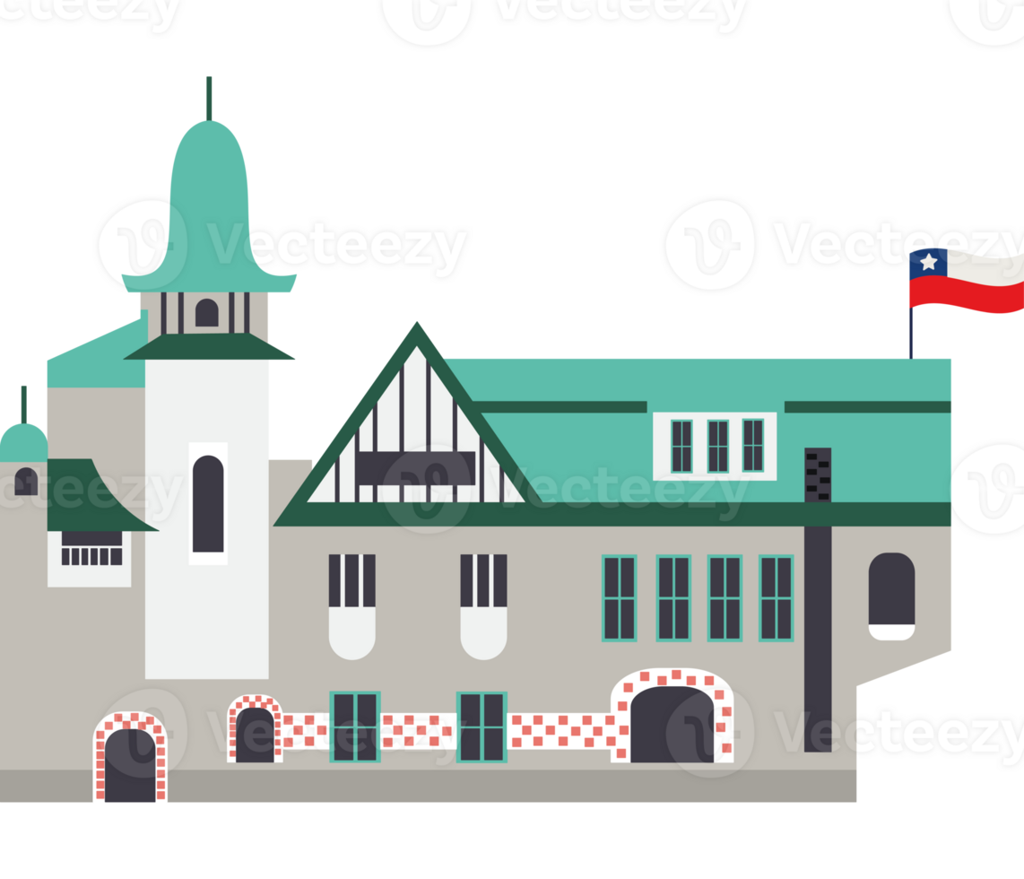 A cartoon building with a flag on top png