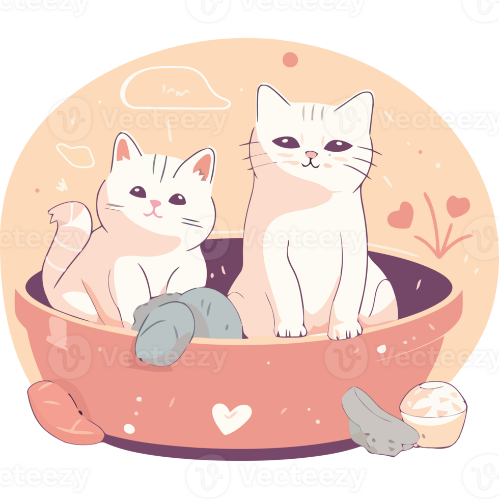 Two cats sitting in a bowl with food png