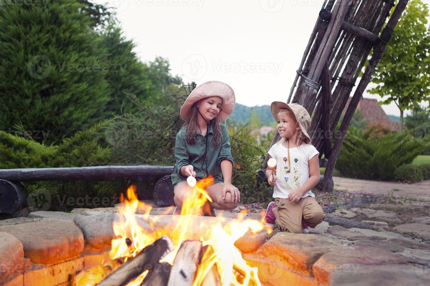 Two happy sisters roasting marshmallows photo