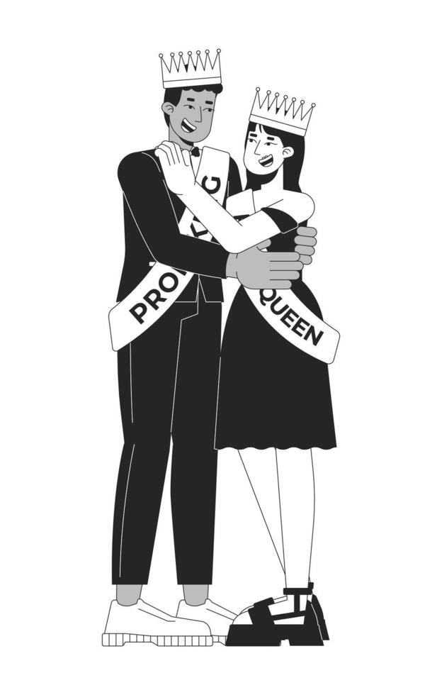 Prom queen king high school dance black and white 2D line characters. Crowns on heads. Interracial couple prom highschool adolescents isolated outline people. Monochromatic spot illustration vector