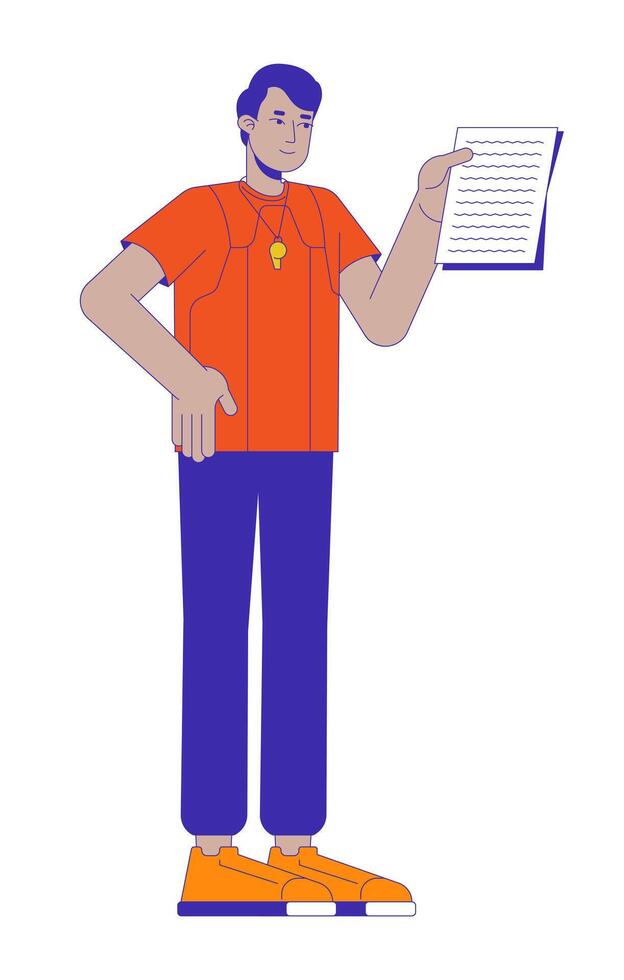 Physical education teacher holding paper 2D cartoon character. Sportswear man with whistle. Indian male pe coach isolated person flat on white background. Spot illustration colorful vector