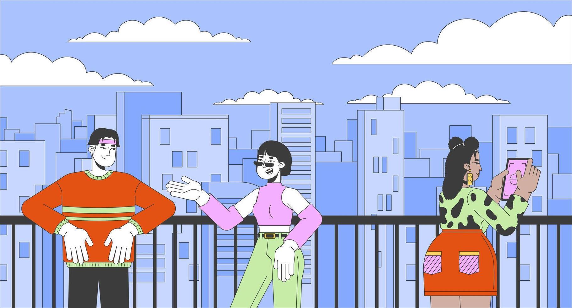 Young adults resting on urban observation deck flat illustration. Multiracial people enjoying cityscape from height 2D characters cartoon background. Big city life scene storytelling image vector