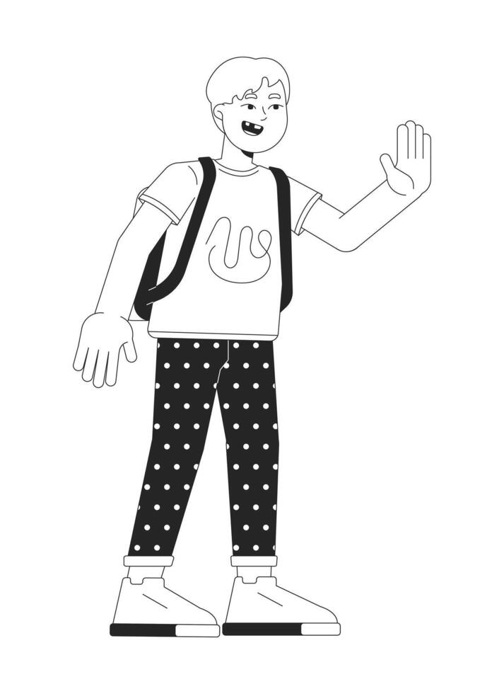 Caucasian schoolboy goodbye waving black and white 2D line cartoon character. Hello gesturing blond boy with backpack isolated outline person. Back to school monochromatic spot illustration vector