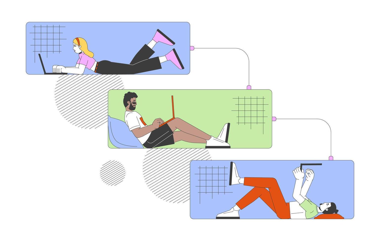 Young adults working on laptops in waterfall workflow 2D illustration concept. Remote office employees cartoon characters isolated on white. Communication metaphor abstract flat graphic vector