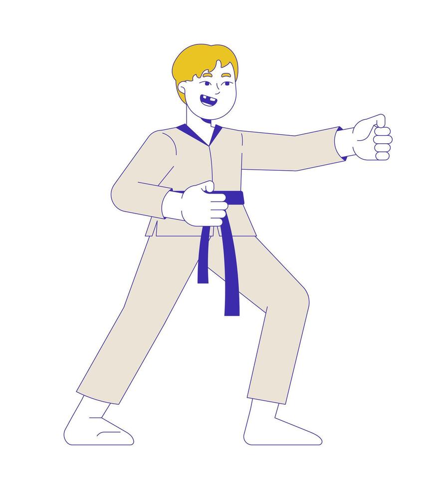 Martial arts kimono boy in fighting stance 2D cartoon character. Caucasian male jujitsu judo kid punching with hand isolated person flat on white background. Spot illustration colorful vector