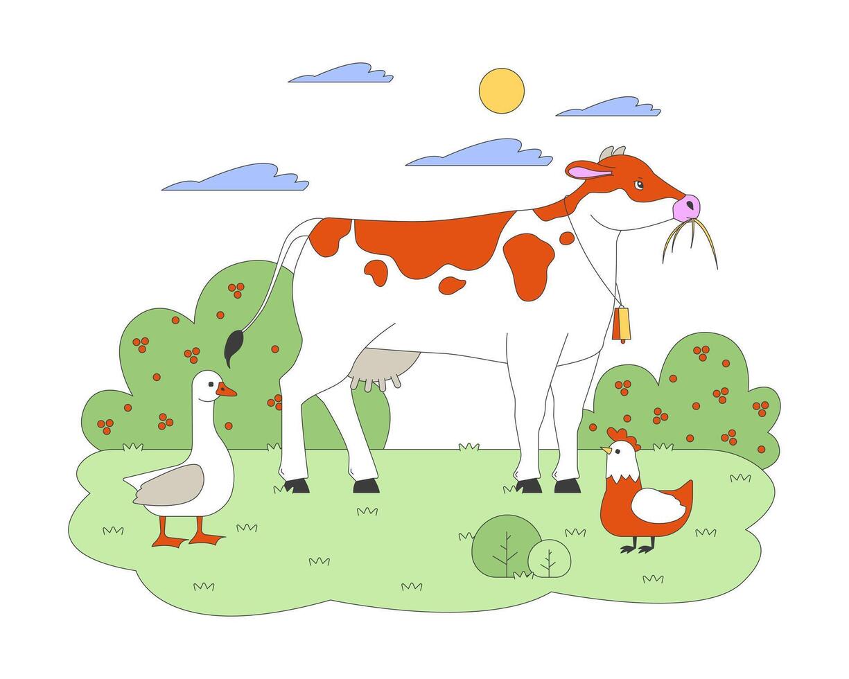 Cow, goose and chicken on farmyard cartoon flat illustration. Agricultural animals of traditional husbandry 2D characters isolated on white background. Livestock and poultry scene color image vector