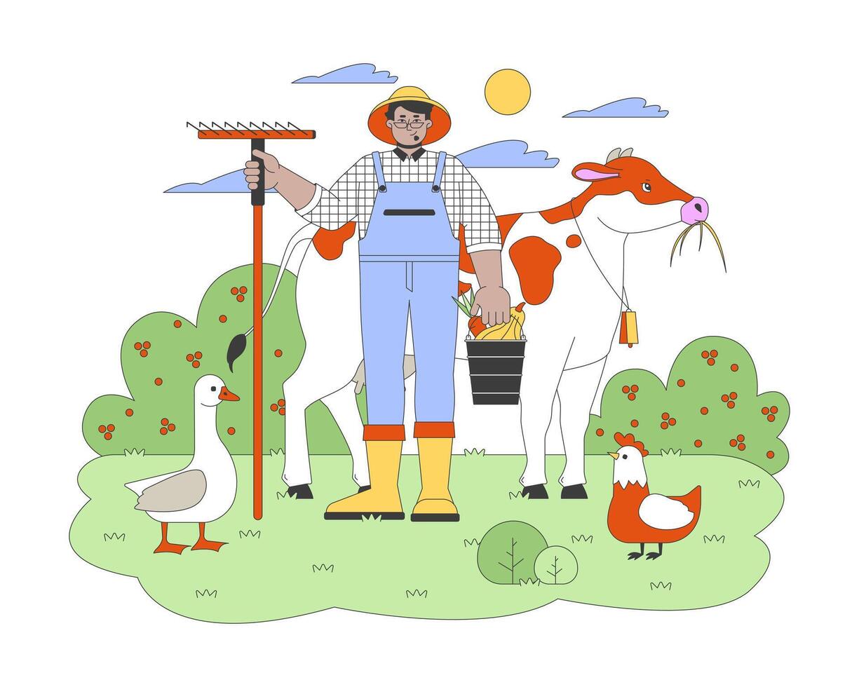 Arab man farmer with rake and animals cartoon flat illustration. Positive male working at husbandry 2D character isolated on white background. Countryside lifestyle scene color image vector
