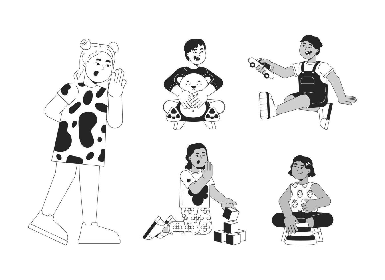 Little multiracial children black and white 2D line cartoon characters set. Kindergarten students playing isolated outline people. Toddler kids monochromatic flat spot illustrations collection vector