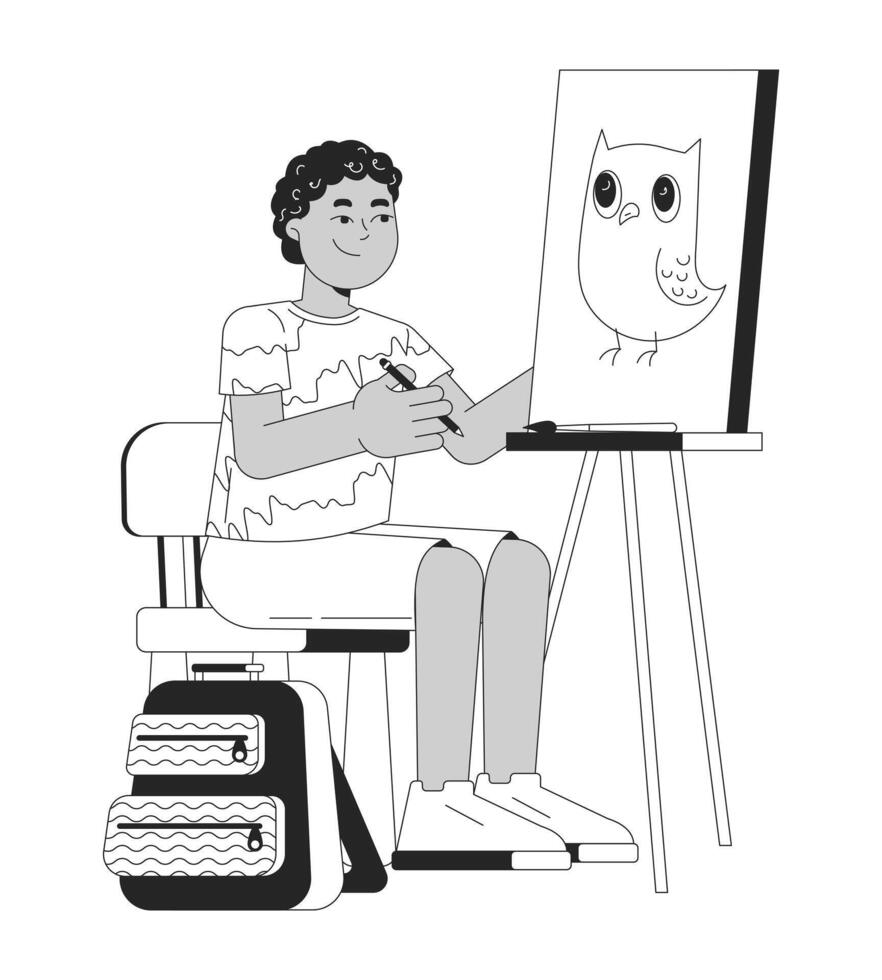 Young boy painting owl on canvas with easel black and white 2D line character. Art studio schoolkid. Black schoolboy pencil holding isolated outline person. Monochromatic spot illustration vector