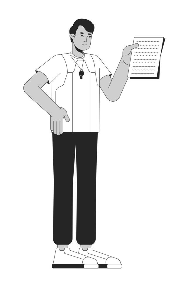 Physical education teacher holding paper black and white 2D line character. Sportswear man with whistle. Indian male pe coach isolated outline person. Monochromatic spot illustration vector