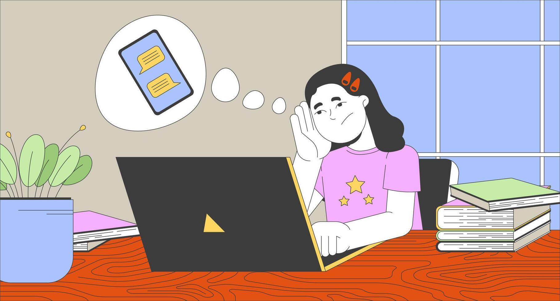 Upset girl student doing homework on laptop flat illustration. Bored schoolgirl dreaming about smartphone chat 2D character cartoon background. Remote learning scene storytelling image vector